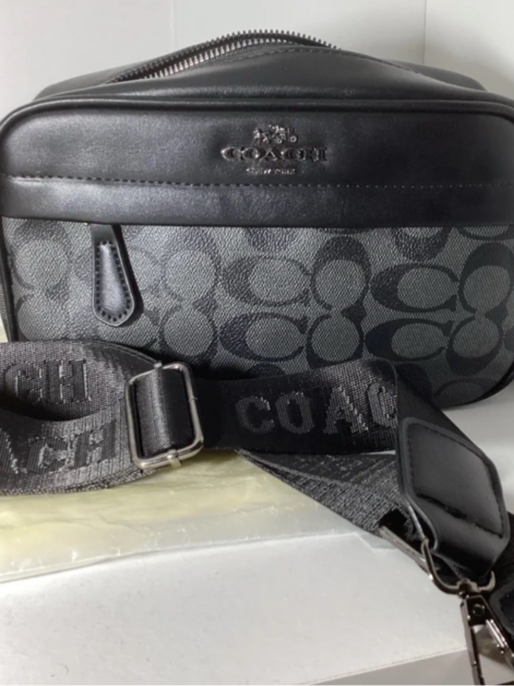 Coach Men's Signature Black Belt Bag with Logo Strap